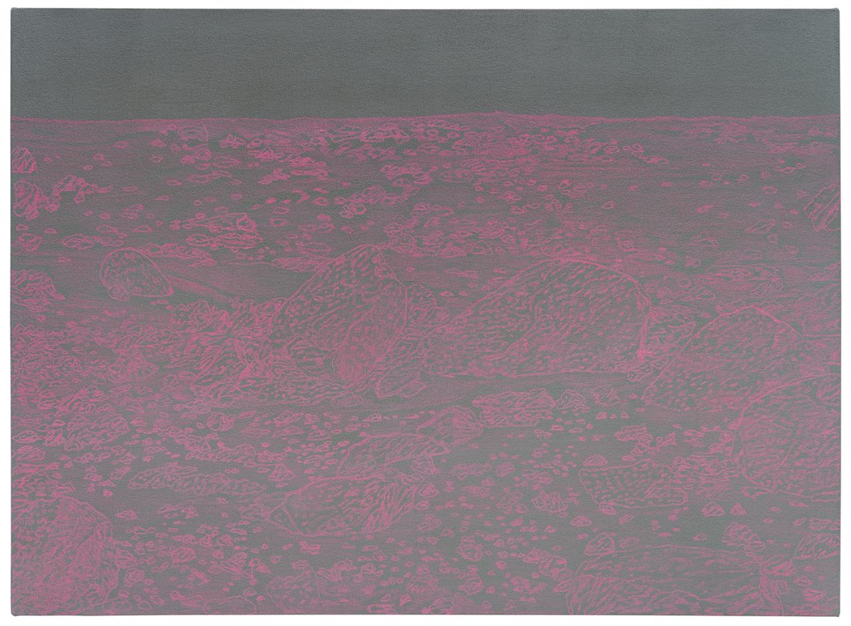 Layered abstract landscape rendered in muted mauve and gray tones, with textured marks and linear patterns suggesting geological formations or topographical features. A horizontal composition divided between a solid gray sky above and a densely patterned terrain below, creating a stark, otherworldly atmosphere.