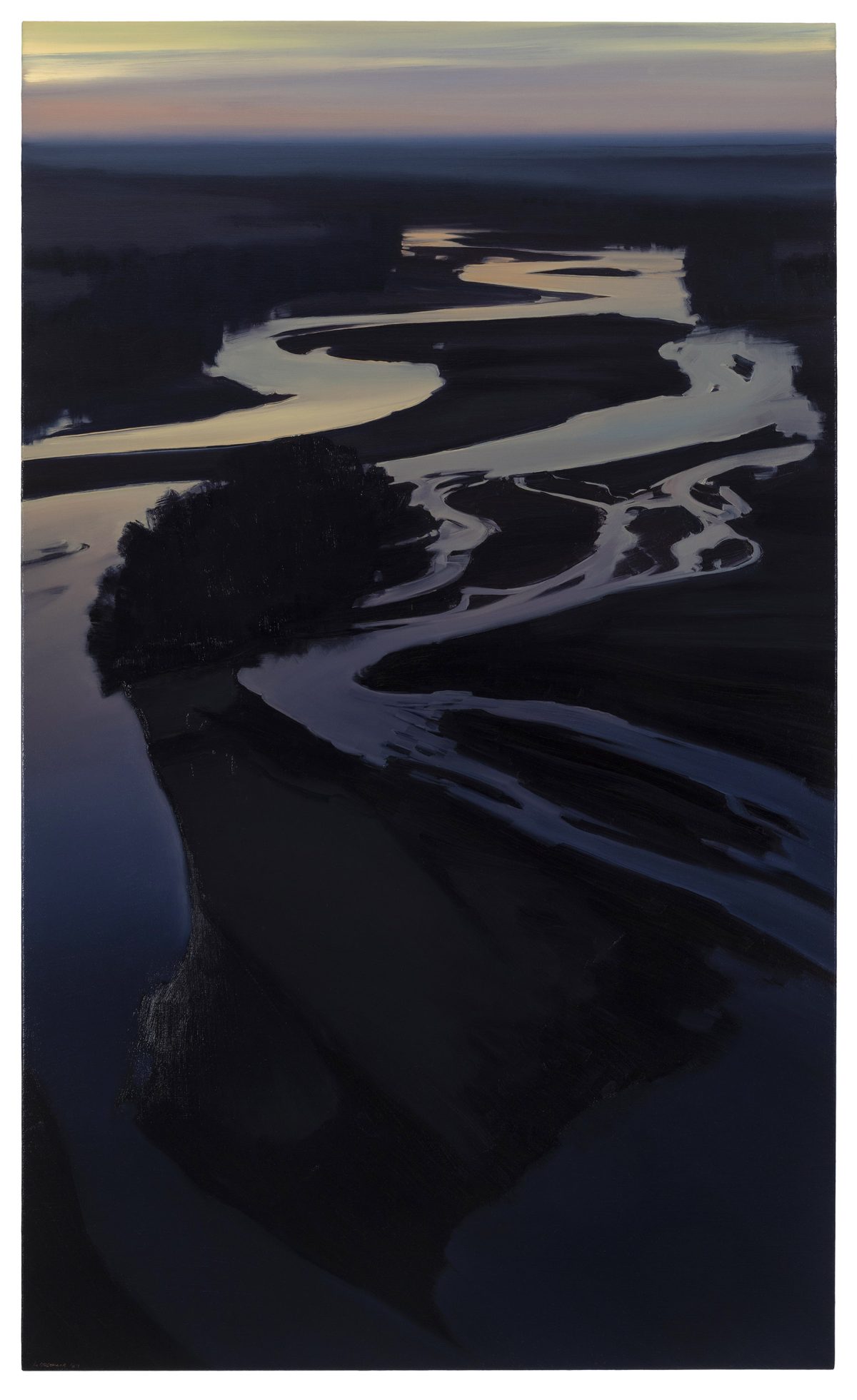 Aerial view of a winding river with sinuous sandbars cutting through dark forested terrain, rendered in muted blues and purples during twilight, with a golden-pink sky along the horizon.