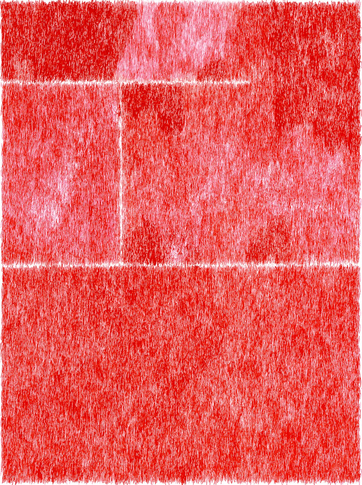 Abstract composition of red and pink vertical lines and marks densely layered across the canvas, creating a textured, vibrant surface with subtle variations in tone and intensity. White horizontal bands divide the composition into distinct sections, emphasizing the linear, gestural quality of the work.