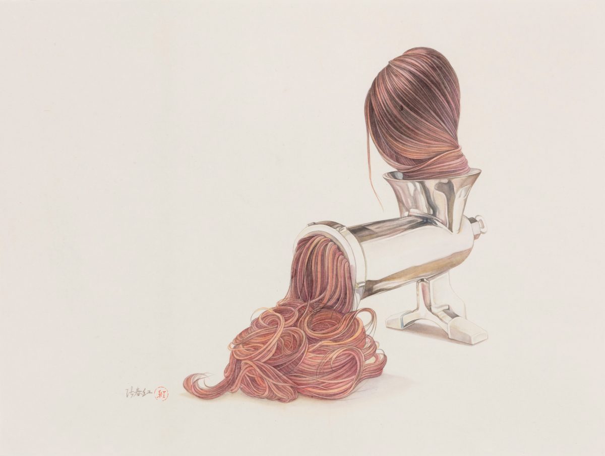 A detailed drawing depicts a pasta machine with long strands of reddish-pink hair emerging from its opening and pooling below. The figure of a woman with similar colored hair is visible within the machine's chamber, rendered in delicate brushwork with soft washes of color against a pale background.