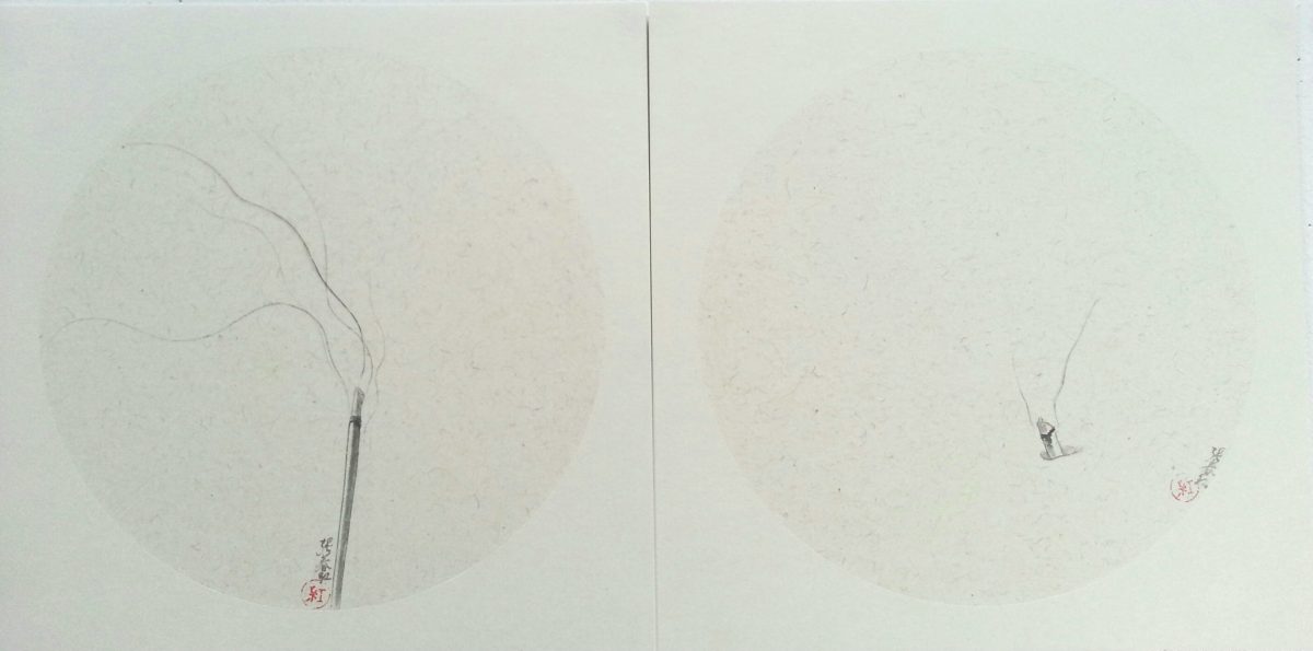 Two delicate vertical compositions on cream-colored paper, each featuring a thin metal rod or tube with wispy lines extending upward, accompanied by small red seal stamps and faint circular impressions in the lower portions.