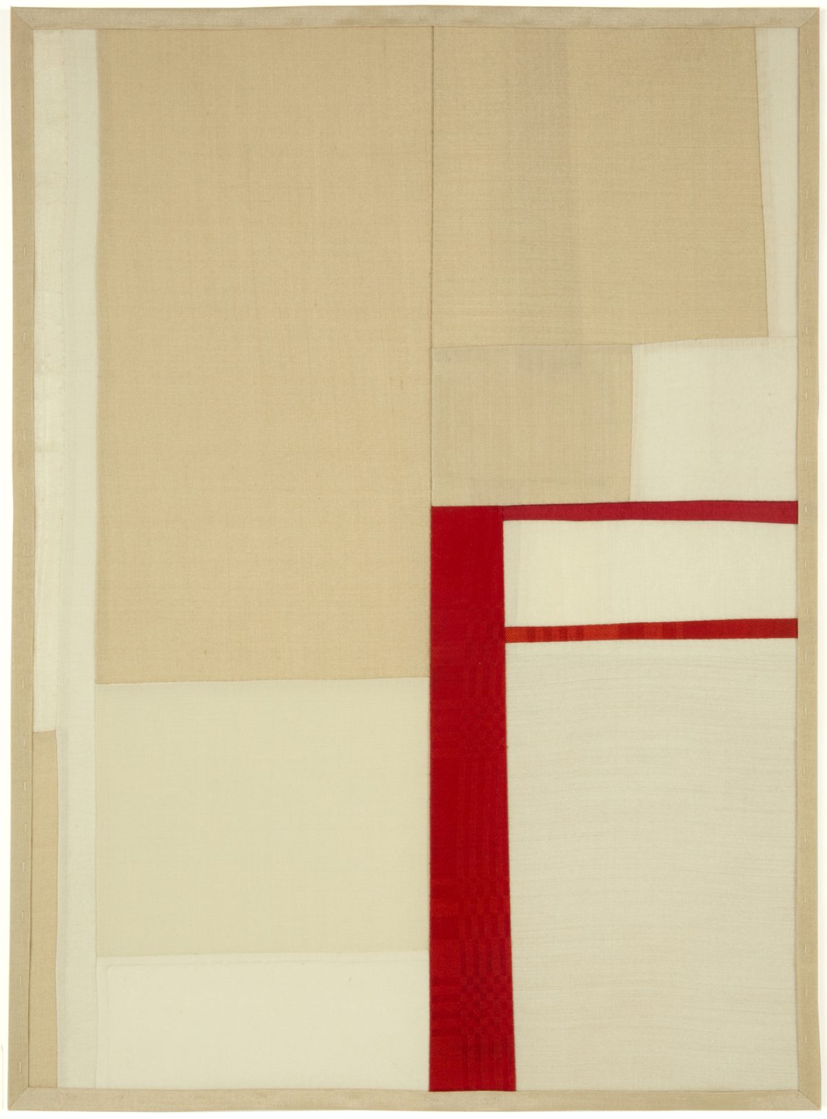 Abstract composition featuring geometric rectangular forms in cream, tan, and beige tones, with a bold vertical red stripe intersecting horizontal red bands on the right side, creating a modernist arrangement against a natural linen frame.