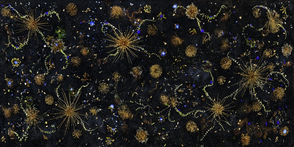 Abstract composition on dark background featuring luminous botanical and geometric forms in gold, blue, and chartreuse. Radiating starburst patterns and delicate branching structures scatter across the surface alongside spherical clusters and dotted shapes, creating an intricate, dreamlike celestial or microscopic landscape.