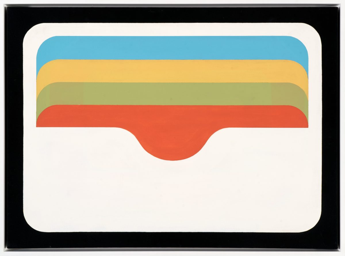 Minimalist composition featuring layered curved forms in blue, yellow, green, and red against a cream background, evoking the simplified silhouette of an open wallet or envelope.