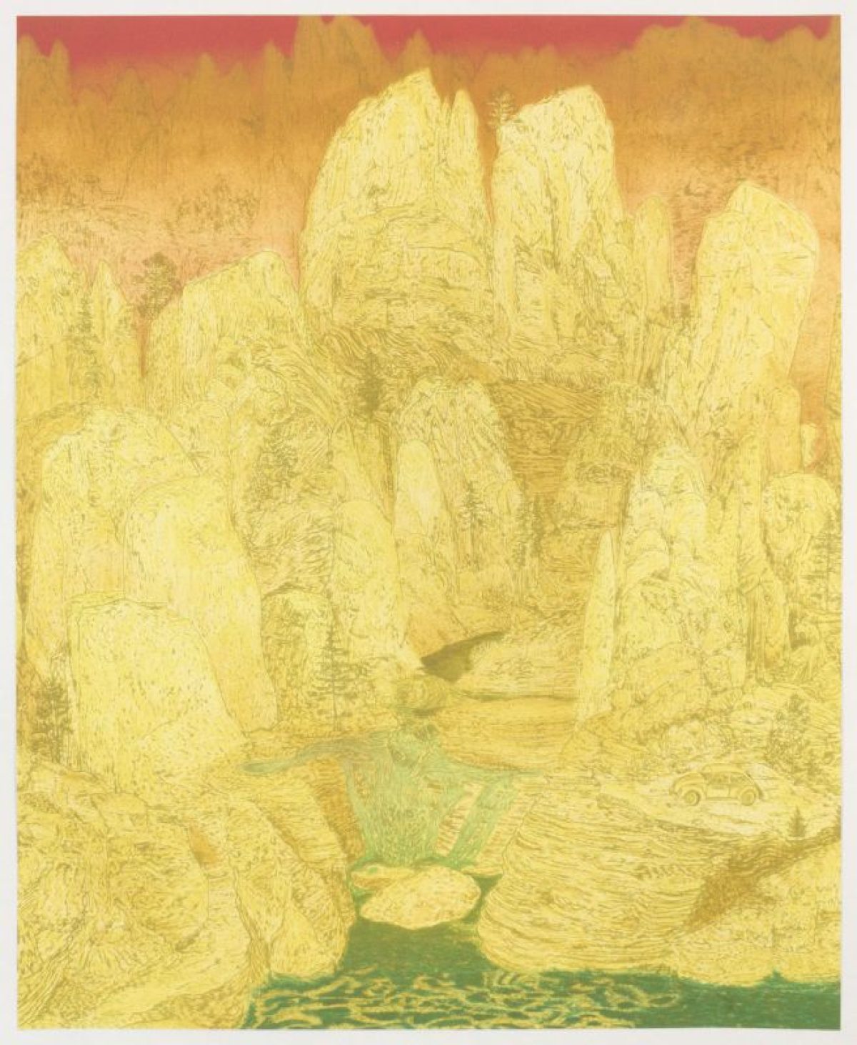 A monochromatic yellow landscape depicting tall, angular rock formations or stone structures arranged in a narrow passage, rendered with intricate linear hatching. A small green-toned figure sits in the foreground near a pool of water at the base of the rocks, creating a striking color contrast against the predominant golden and cream tones of the composition.