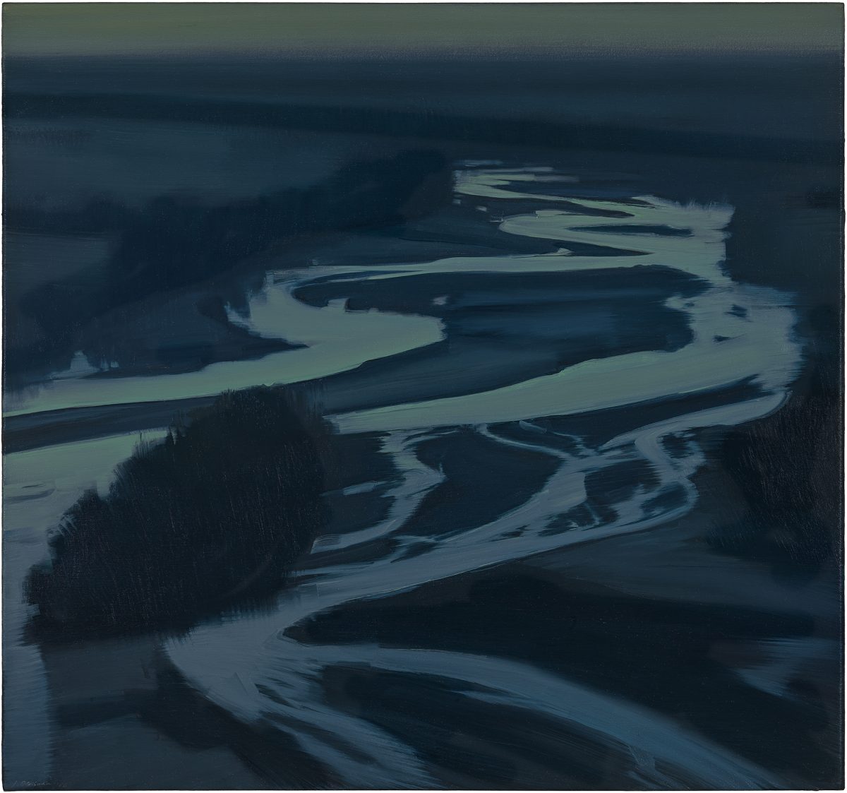 Aerial view of a winding river with pale blue-green water snaking through dark forested landscape, rendered in muted tones with loose, atmospheric brushwork that emphasizes the sinuous curves of the waterway against the surrounding darkness.