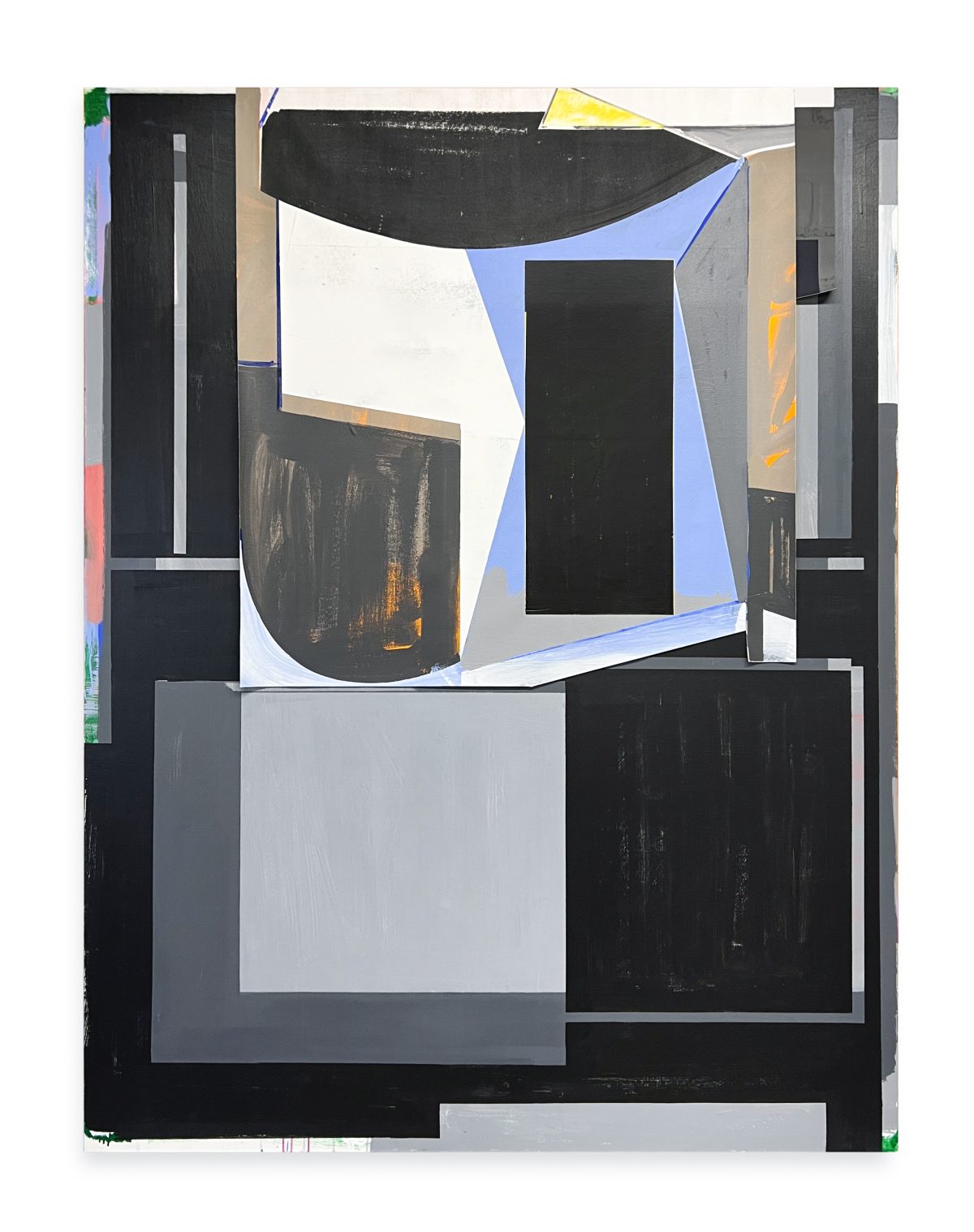 Abstract composition featuring geometric shapes in black, white, blue, and gray tones. Layered rectangles and curved forms create depth across the canvas, with touches of yellow and rust orange accents, arranged in a fragmented, collaged style suggesting architectural or spatial elements.