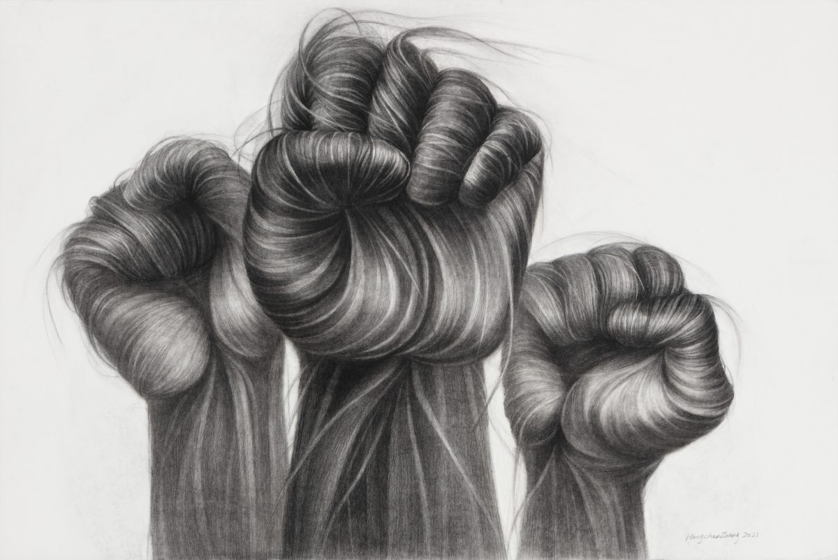 Two fists raised in a unified gesture, rendered in detailed charcoal with flowing, textured shading that creates a sense of movement and strength. The drawing emphasizes the musculature and form of the hands against a light background, with fine linear marks suggesting hair or texture flowing downward.