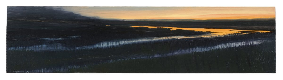 A horizontal landscape painting depicting a wetland or floodplain at dusk, with dark forested areas flanking a luminous waterway that reflects golden and amber light from the sky. The composition emphasizes atmospheric depth, with warm tones concentrating along the water's surface and gradually transitioning to cooler blues and deep charcoal shadows in the surrounding vegetation and distant hills.
