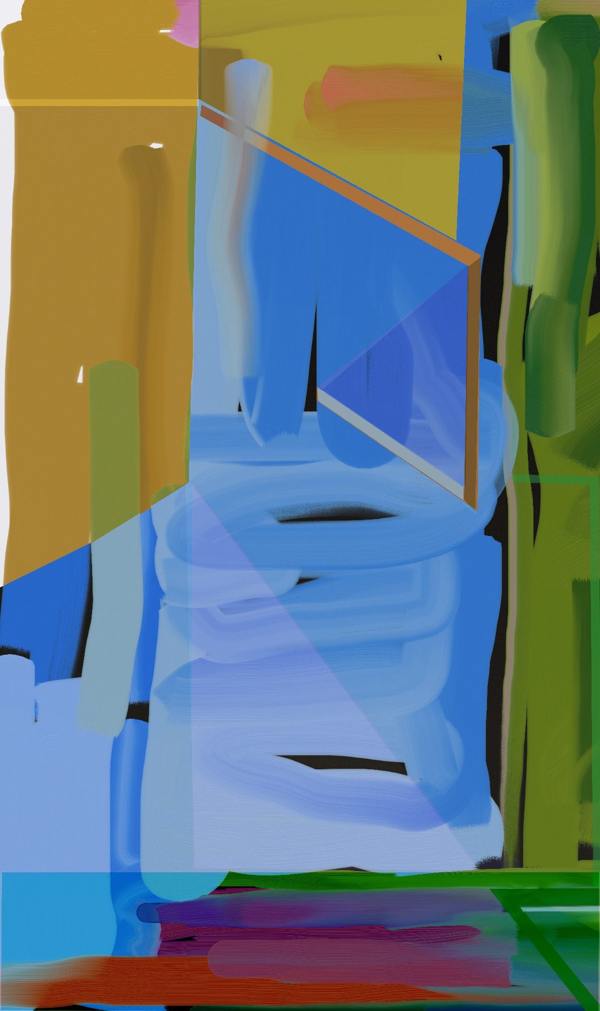 An abstract digital composition featuring geometric architectural forms in vibrant colors including gold, blue, green, and pink. Layered angular shapes and cylindrical structures create a fragmented interior space with strong color blocking and overlapping planes that suggest depth and movement.