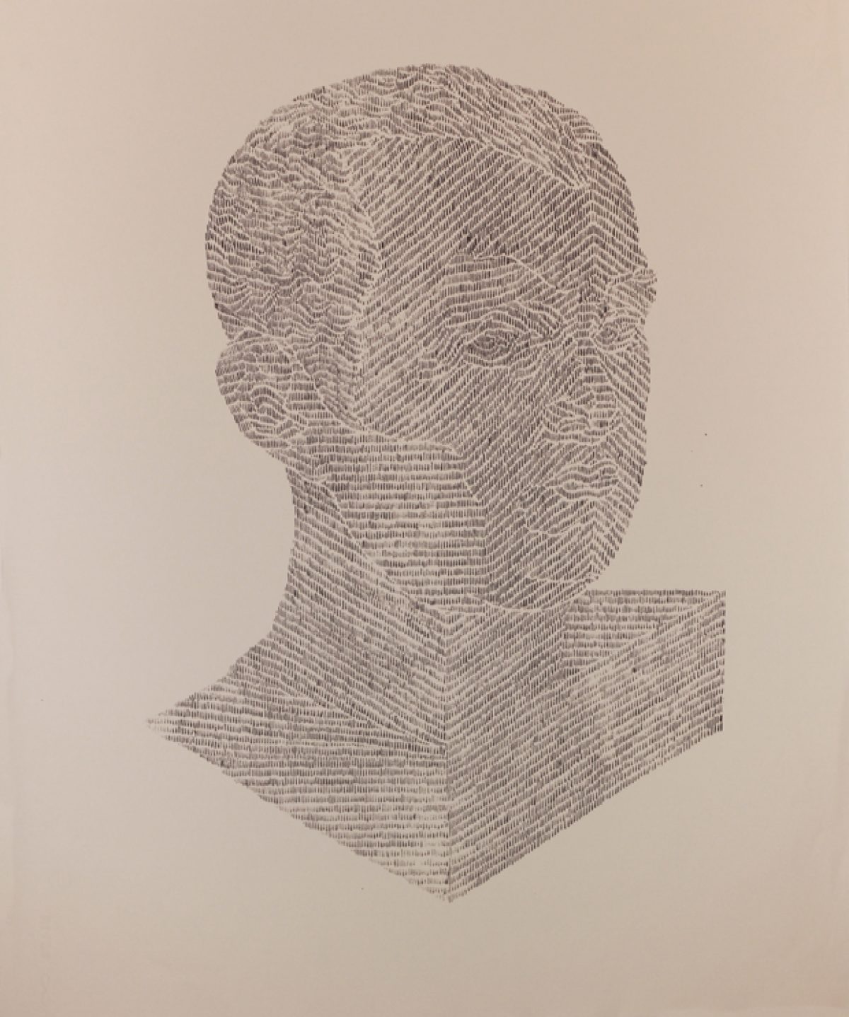 A monochromatic bust rendered in fine linear hatching in graphite and silver ink against a neutral beige background. The portrait-style sculpture is shown from the shoulders up, with subtle dimensional modeling created entirely through directional line work that suggests form and shadow.