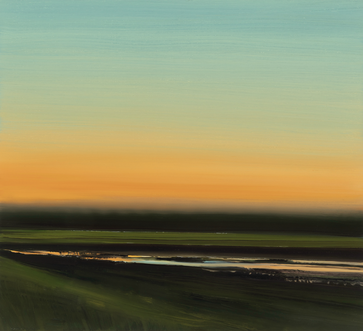 Horizontal landscape composition with a gradient sky transitioning from teal at the top through pale yellow to warm orange at the horizon. Dark landforms divide the composition, with a reflective body of water catching golden light in the center, and soft green tones in the foreground suggesting vegetation or fields. The painting employs soft, horizontal brushwork creating a sense of atmospheric depth and stillness.