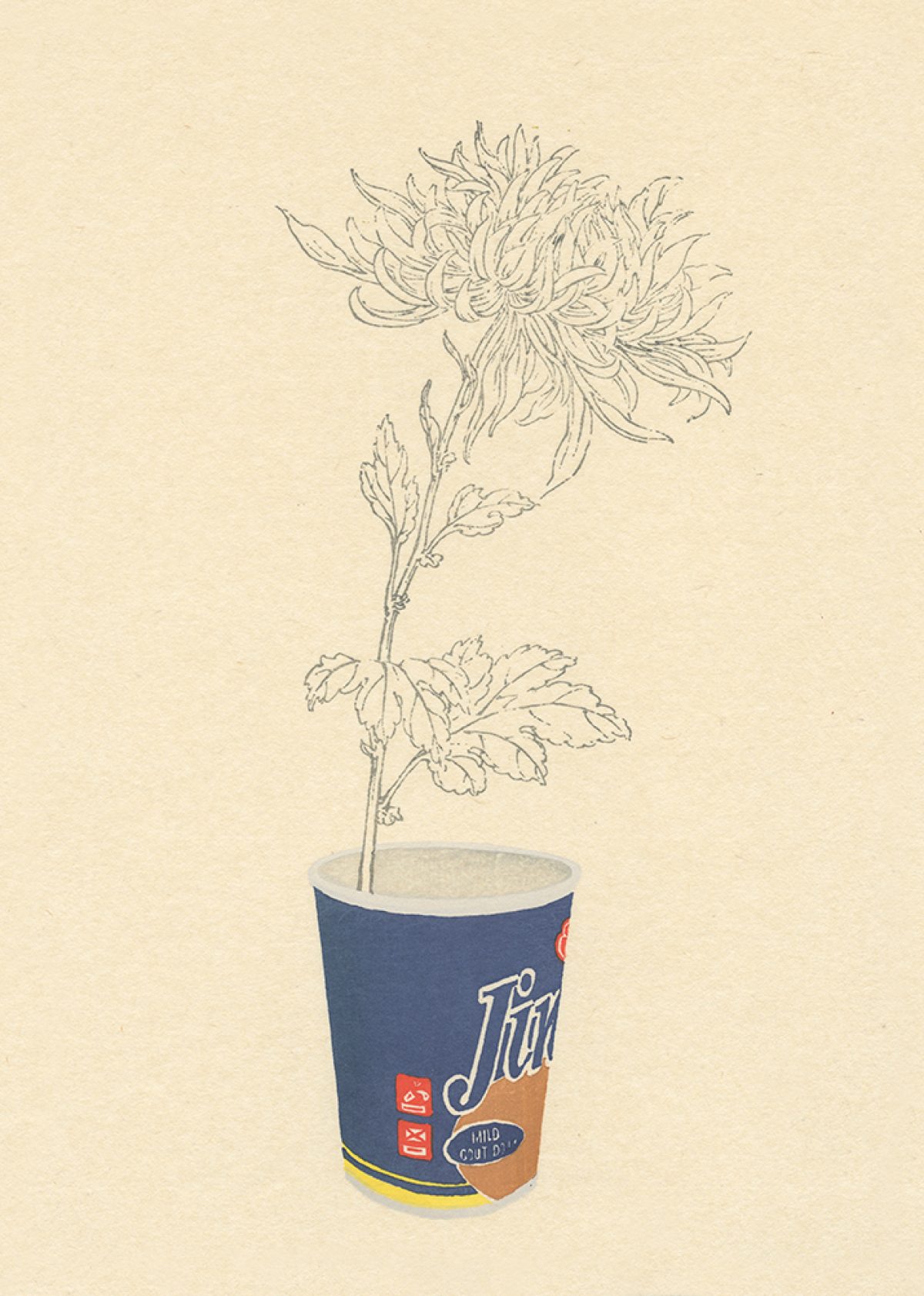 A delicate line drawing of a flowering plant with layered petals and detailed foliage emerges from a blue and tan instant noodle cup against a cream background. The botanical sketch contrasts with the commercial packaging below, creating a subtle juxtaposition between nature and mass-produced goods.