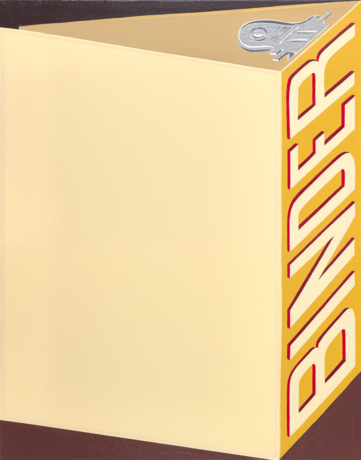 A cream-colored folder or binder depicted in isometric perspective, rendered in enamel on canvas. The right edge features a bold geometric pattern in gold, red, and cream, with angular Art Deco-inspired designs, while a metallic clasp appears at the top corner against a dark brown background.
