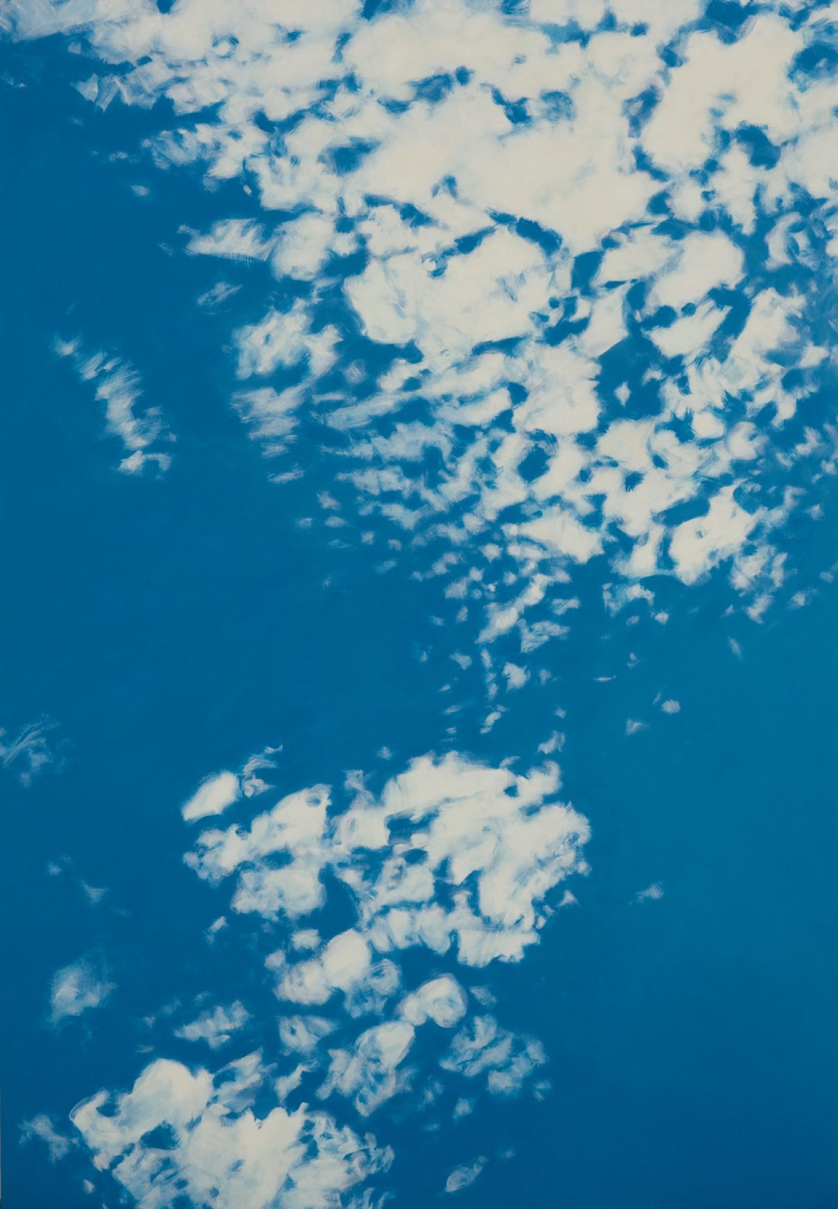 Aerial view of a bright blue sky scattered with white and cream-colored clouds arranged across the canvas. The composition divides the picture plane into areas of saturated blue interrupted by organic cloud formations, creating a serene, atmospheric landscape.