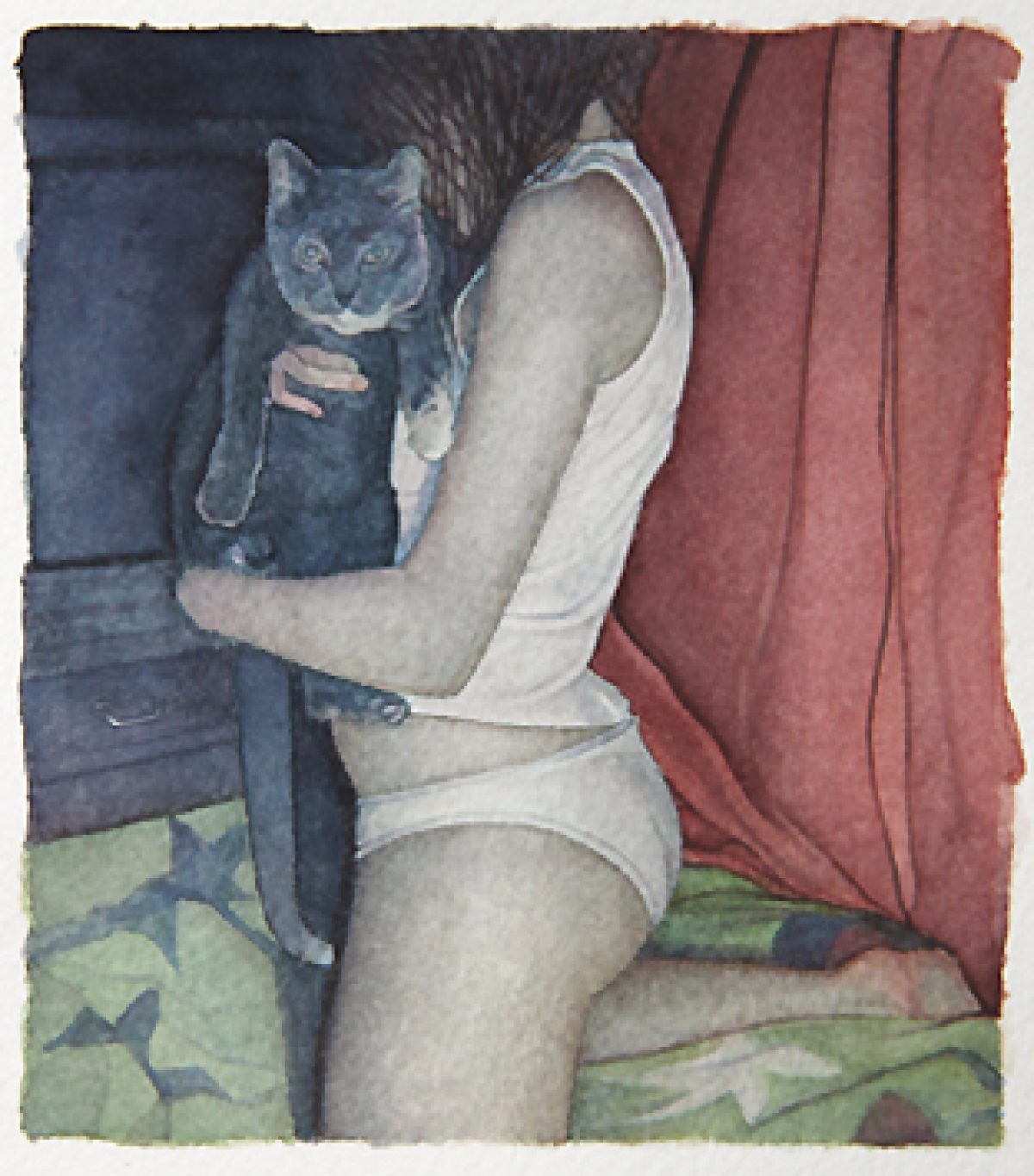 A figure in white undergarments holds a gray cat against their torso. The composition shows the person from roughly waist-up, set against a background of deep blue, burgundy drapery, and green patterned fabric, rendered in soft watercolor tones.