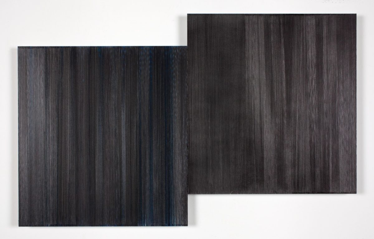 Two overlapping rectangular compositions with vertical linear marks in graphite and dark blue, creating a textured, layered effect. The left panel is slightly smaller and positioned lower, while the right panel rises above it, both rendered in deep charcoal tones with subtle variations in line weight and color saturation.