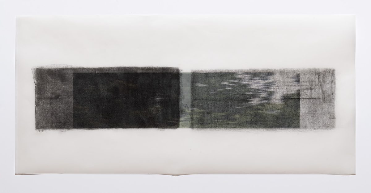 Horizontal graphite rubbings on translucent vellum creating overlapping rectangular forms that transition from deep black on the left to lighter gray tones on the right, mounted on white paper with soft, indistinct edges.