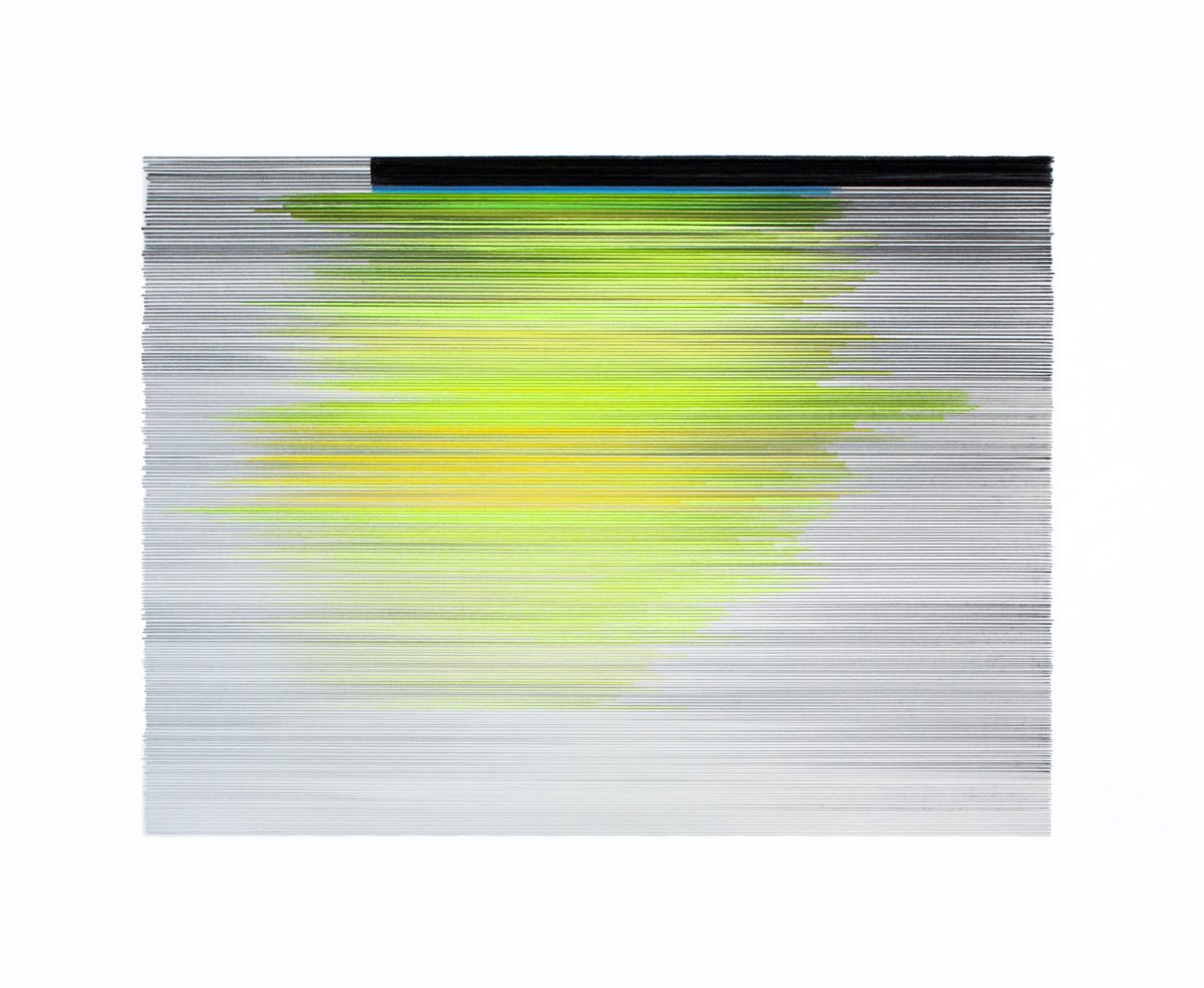 Horizontal composition of densely layered fine lines in graphite and colored pencil, predominantly gray with a bright yellow-green luminous form emerging from the upper-center area that gradually fades toward the edges and lower portion of the mat board.