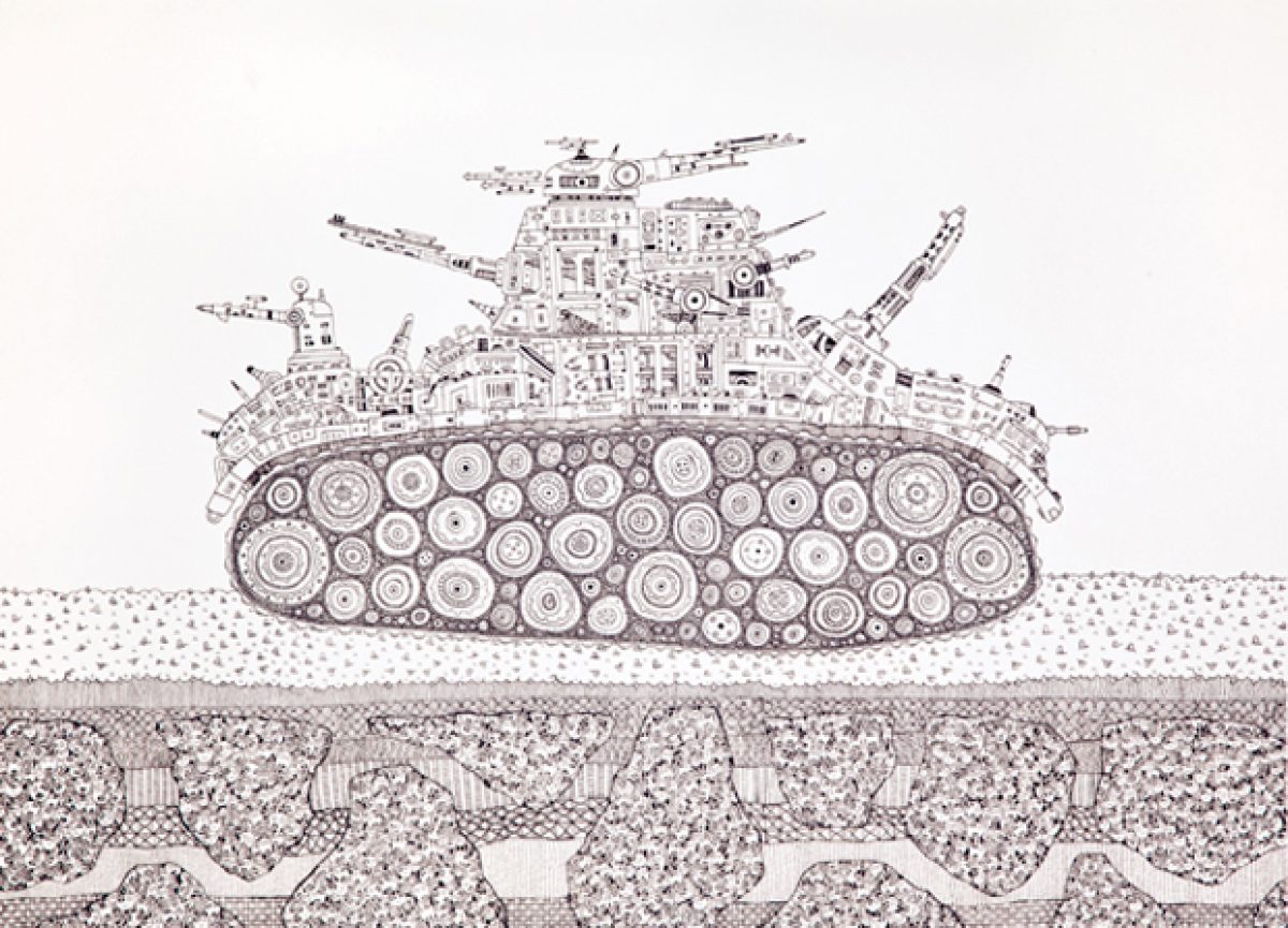A meticulously detailed ink drawing depicting a massive armored tank topped with an elaborate mechanical cityscape, rendered in fine linear detail. The composition shows the vehicle's prominent tread tracks against layered cross-sections of earth and soil below, created through intricate stippling and line work on a light background.