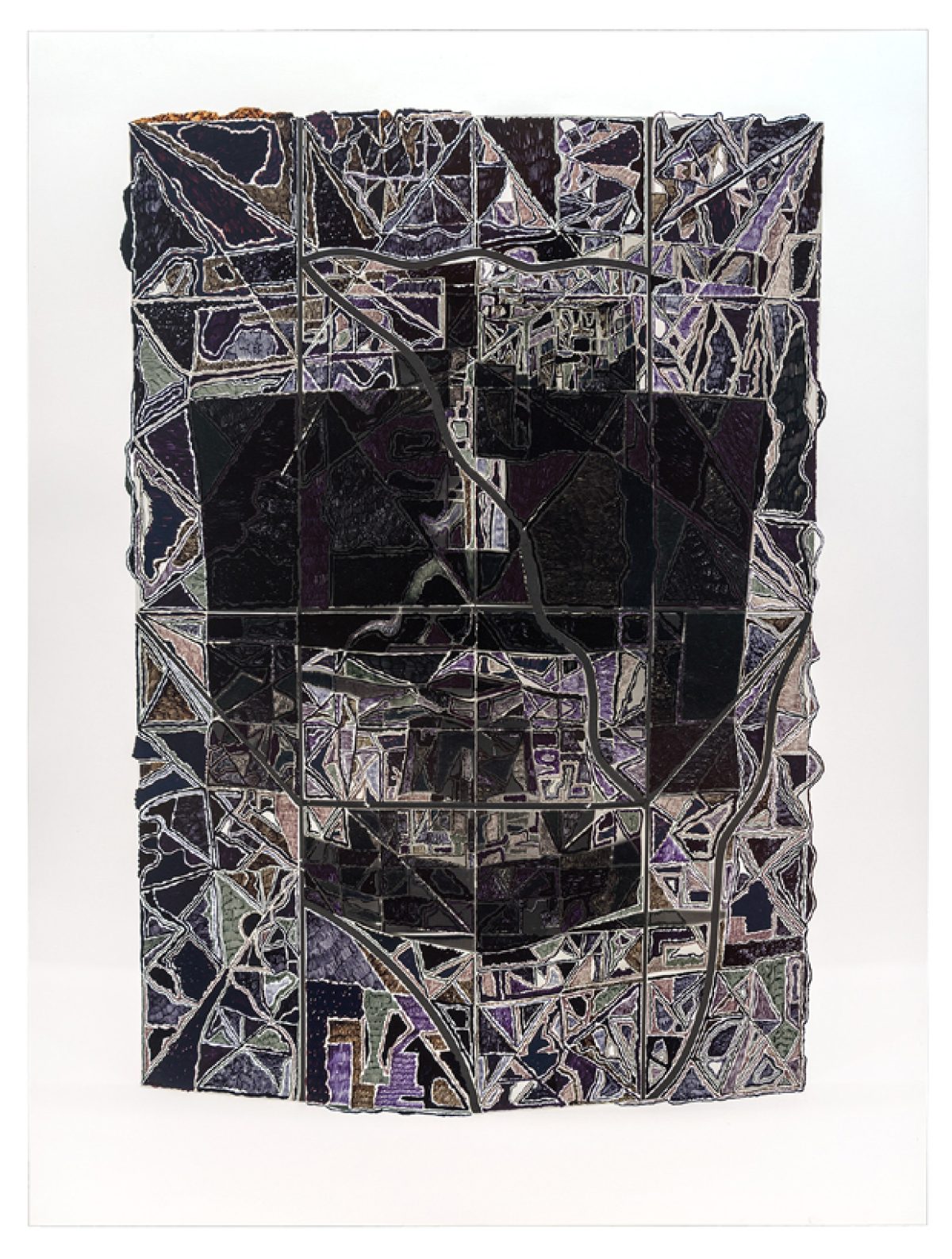 A gridded composition with a central dark rectangular void surrounded by intricate linear patterns in white and metallic tones against a black background. The layered, gestural marks create a dense, fragmented border that frames the empty center, suggesting depth and architectural or topographical elements.
