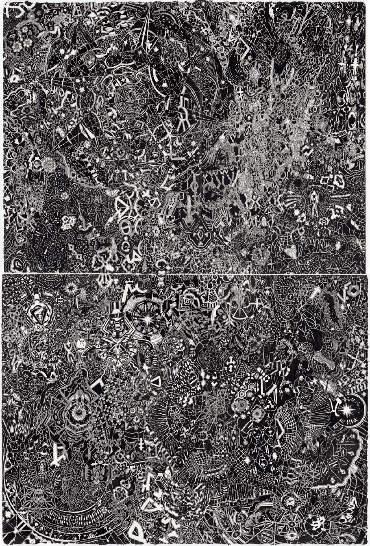 A densely layered black and white composition of intricate geometric patterns, symbols, and abstract figures covering two stacked rectangular panels. The work features overlapping lines, mechanical forms, ornamental designs, and gestural marks that create a complex, labyrinthine visual field with varying degrees of detail and density throughout.