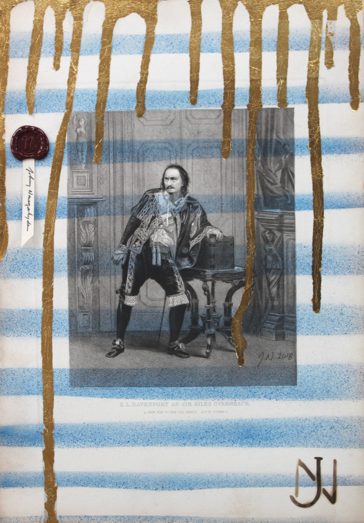 A mixed media collage featuring a black and white engraving of a man in elaborate 18th-century costume seated indoors, overlaid on a background of horizontal stripes in gold, white, and blue. Dripping gold paint runs vertically across the composition, and a wax seal appears in the upper left corner.