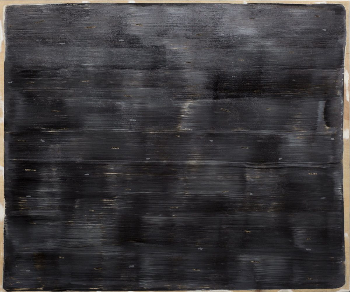 Dark abstract composition featuring horizontal brushstrokes and layered marks across a predominantly black surface, with subtle variations in tone and occasional metallic accents creating depth and movement across the panel.