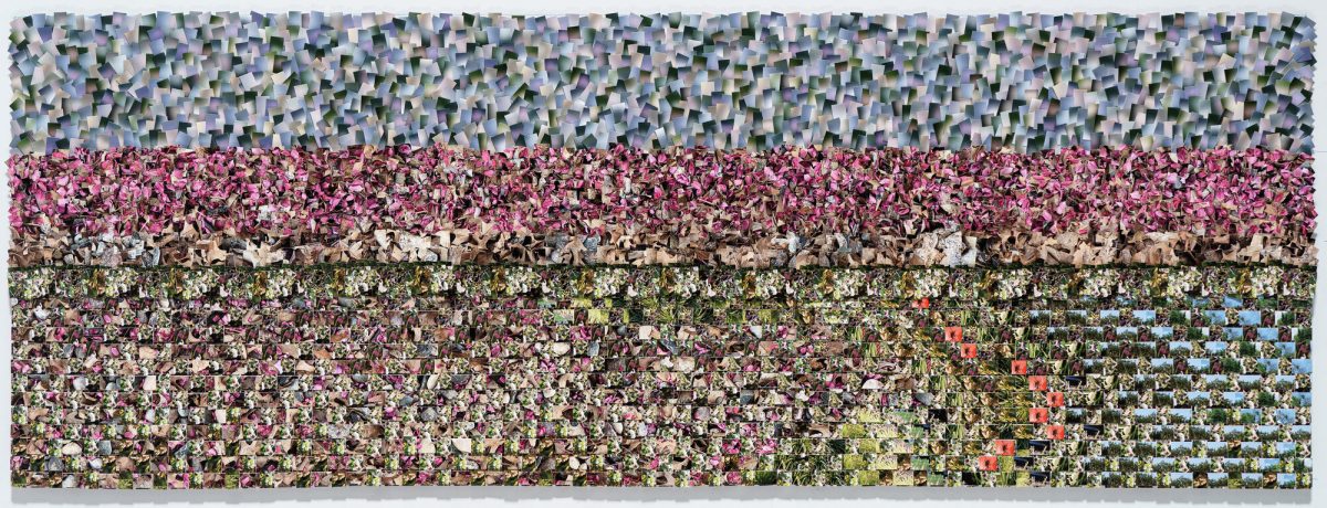 Horizontal composition made up of hundreds of small photographic squares arranged in horizontal bands of varying colors—pale blues and grays at top, transitioning through vibrant magentas and pinks, warm beiges and tans, creamy whites and yellows, to rich greens and sky blues at bottom. Each square contains densely detailed imagery of flowers, gardens, and natural landscapes, creating an intricate mosaic-like surface.