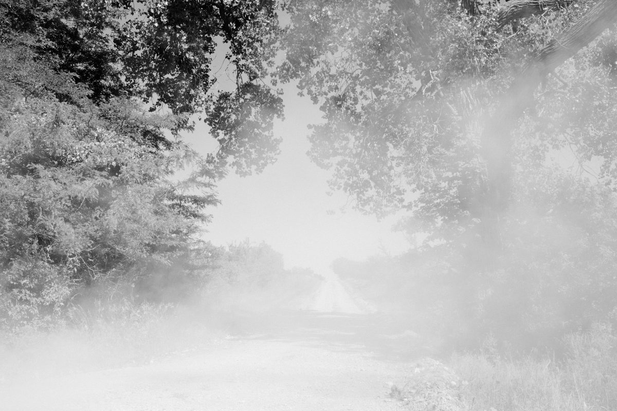 Black and white photograph of a misty rural road lined with dense trees on both sides, the foliage rendered in varying tones of gray that fade into heavy fog obscuring the path ahead. The composition emphasizes atmospheric depth and obscured visibility, with darker tree masses framing a luminous, hazy center.