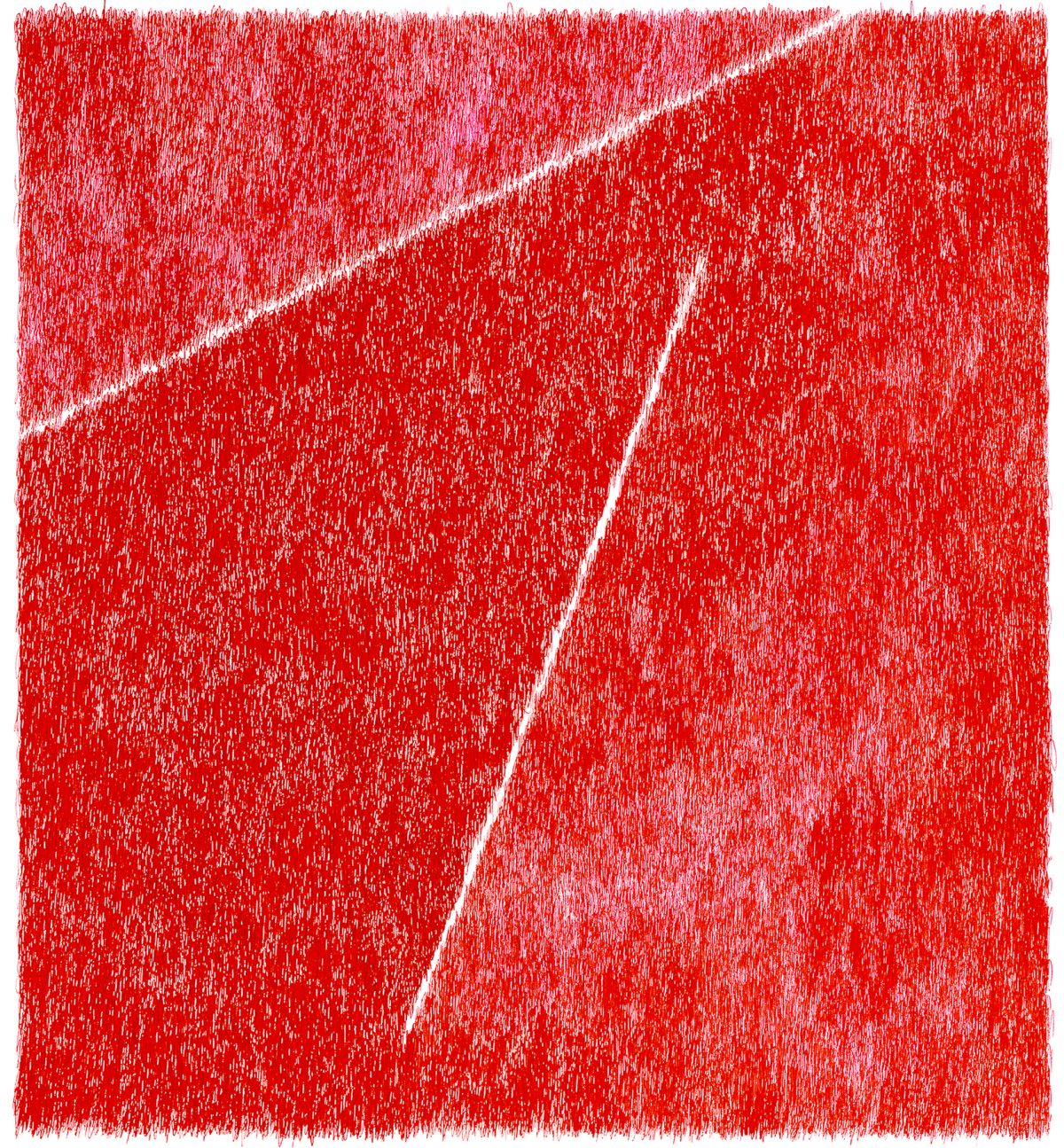 Abstract composition of red and pink tones executed in a gestural, linear technique, with white diagonal lines dividing the canvas into sections of varying density and intensity. The work emphasizes movement and texture through overlapping marks and shifts in color saturation across the rectangular format.