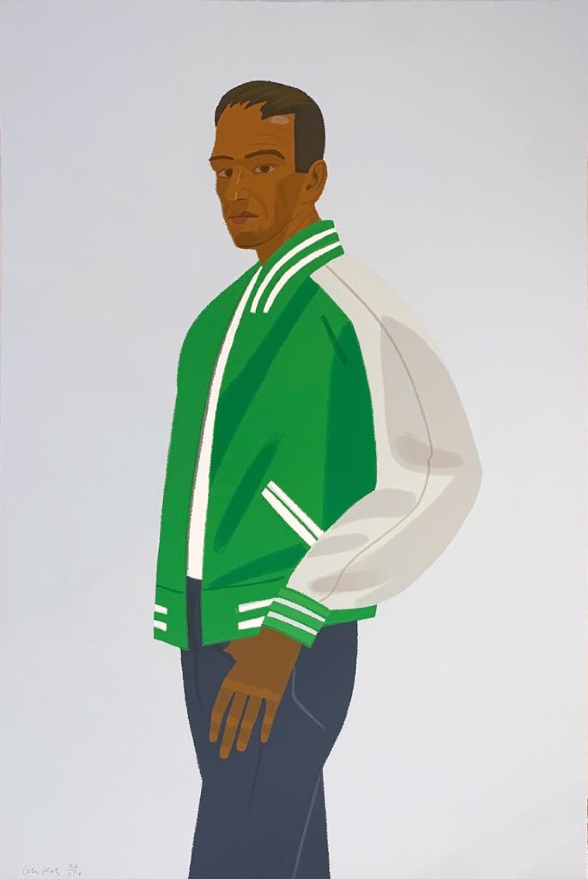 A man depicted in profile wearing a green and white track jacket with navy pants and brown gloves, set against a light gray background. The figure is rendered in bold, flat areas of color with minimal shading, characteristic of contemporary portrait art.