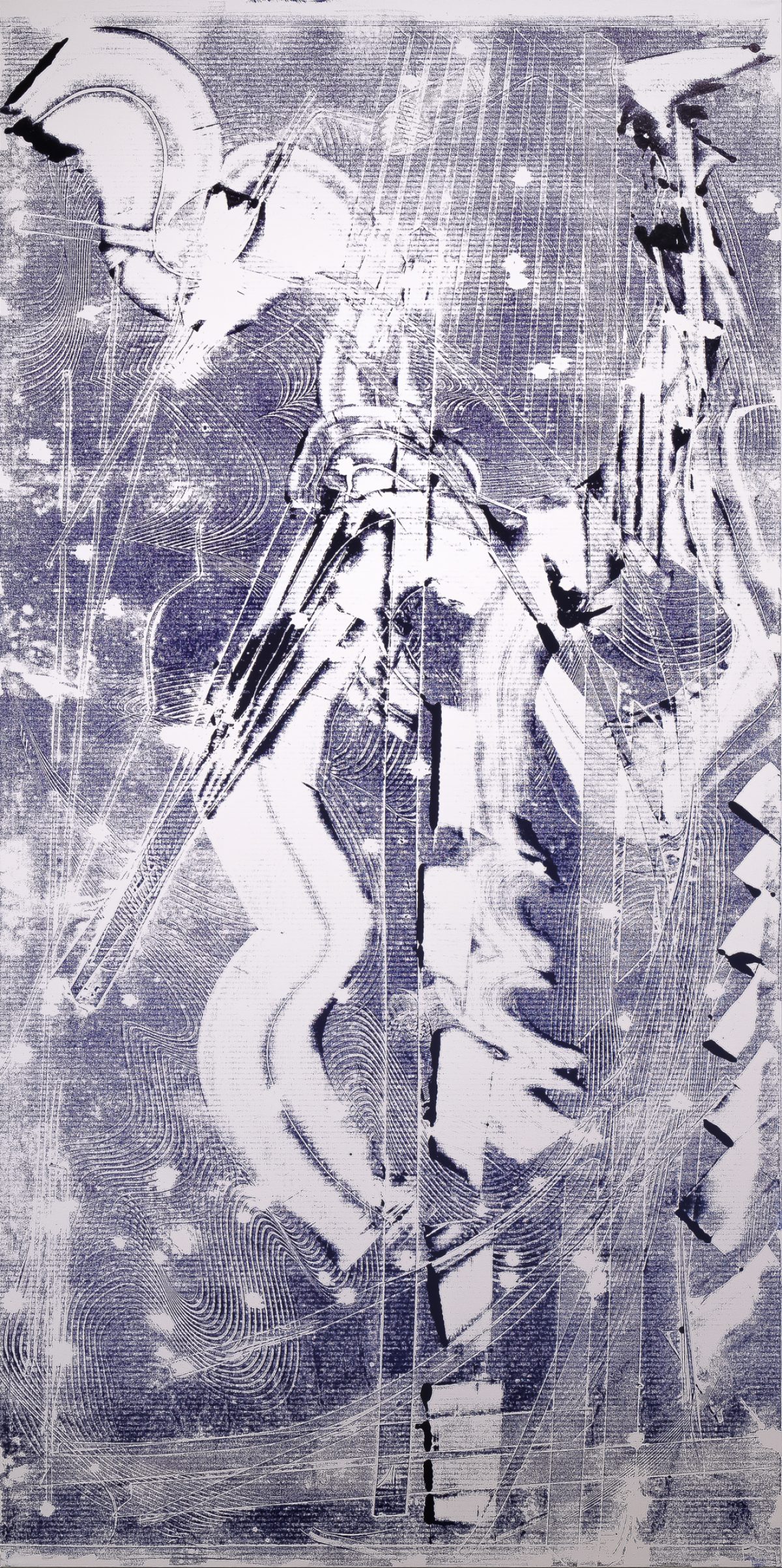 Abstract vertical composition in blue and white featuring overlapping organic forms and geometric elements. Layered gestural marks and flowing curves create depth across the canvas, with contrasting areas of dense linework and open space.