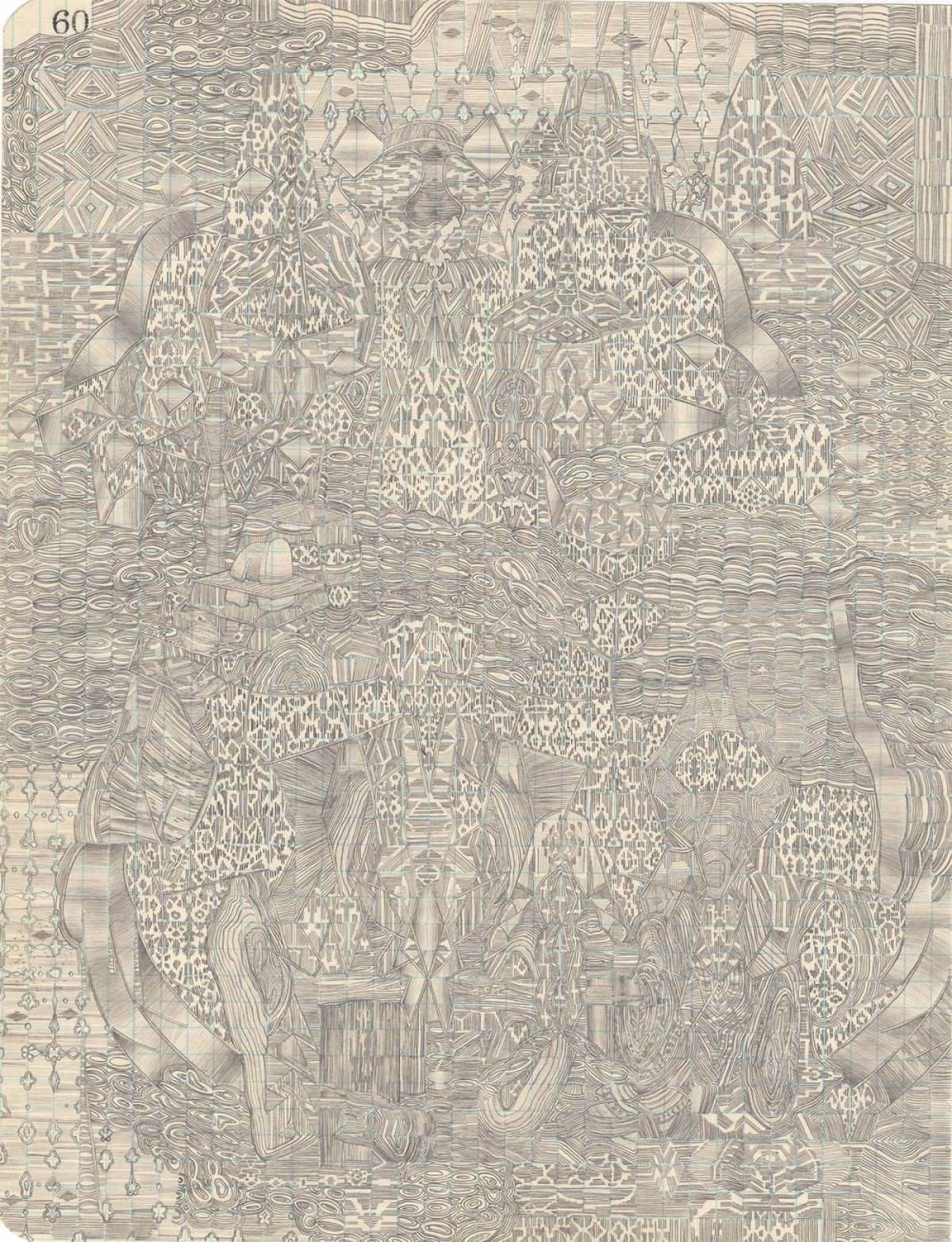 A densely detailed monochromatic drawing featuring an intricate landscape filled with architectural structures, forests, and topographical patterns rendered in fine linear marks and cross-hatching. The composition is framed by organic, curved borders and organized around a central vertical axis, creating a sense of depth and visual complexity across the entire paper surface.