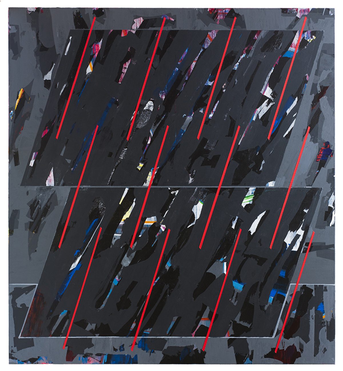 Overhead view of a parking lot rendered in dark grays and blacks, with colorfully dressed figures scattered among parking spaces marked by bright red lines. Vibrant blues, pinks, purples, and whites accent the composition, creating dynamic contrast against the muted pavement.