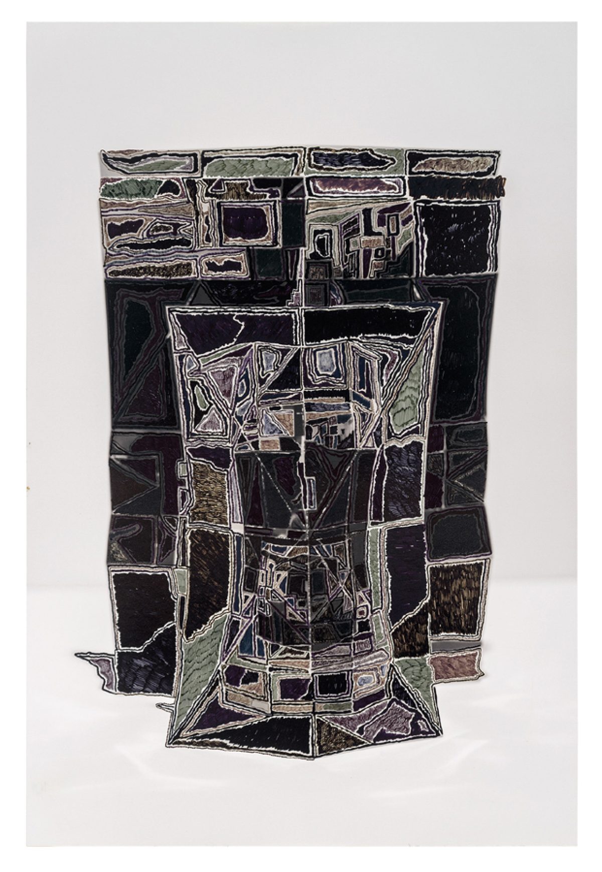 Abstract composition featuring bold black outlines and geometric forms layered across a light gray background, with areas of deep black, white, and muted green and brown tones creating a fragmented, architectural quality.