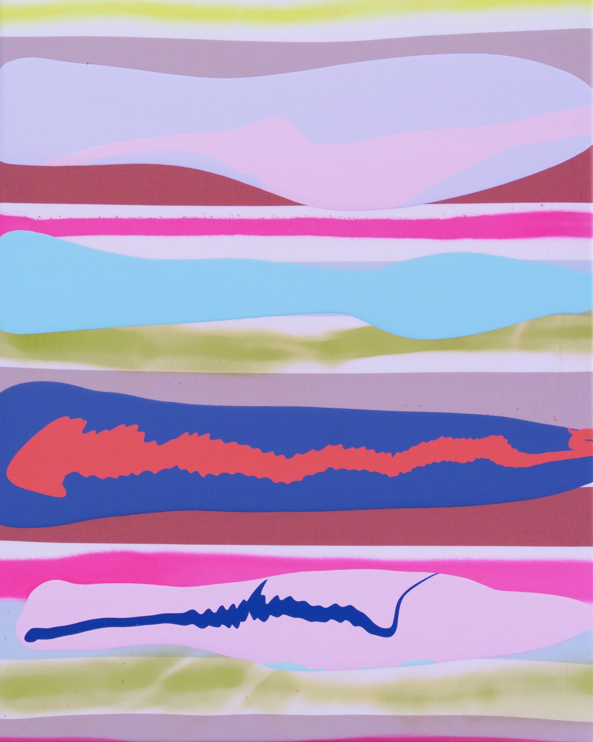 Horizontal layered composition featuring undulating stripes in vibrant hues of pink, blue, yellow-green, burgundy, and lavender, with gestural red and dark blue organic forms weaving across the center bands, creating a rhythmic, abstract landscape-like effect.