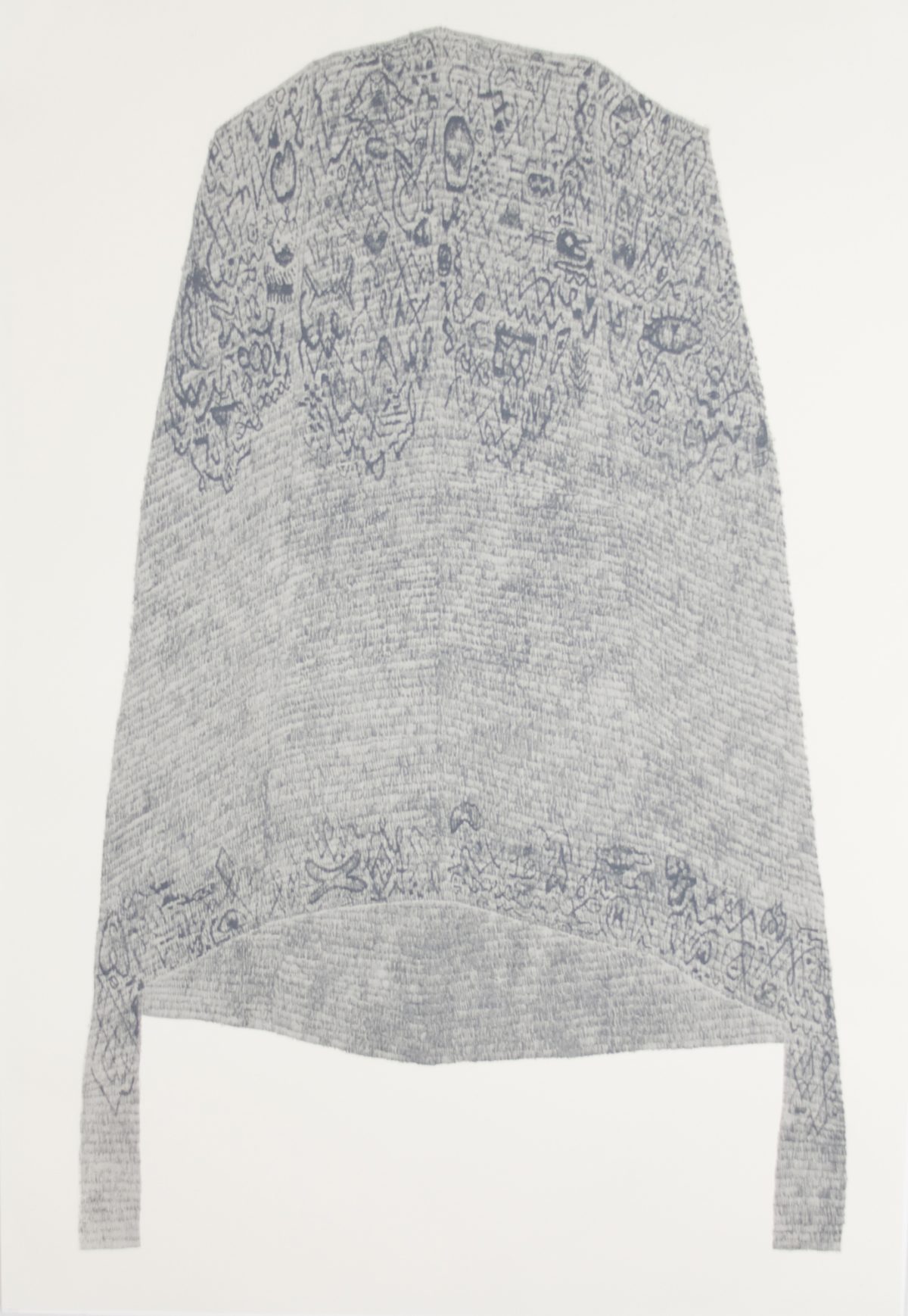 A light gray rectangular composition featuring dense, intricate line drawings and abstract patterns concentrated along the top and bottom edges, with a lighter textured center section. The work employs a monochromatic palette with varying tones of gray creating depth and visual rhythm across the surface.