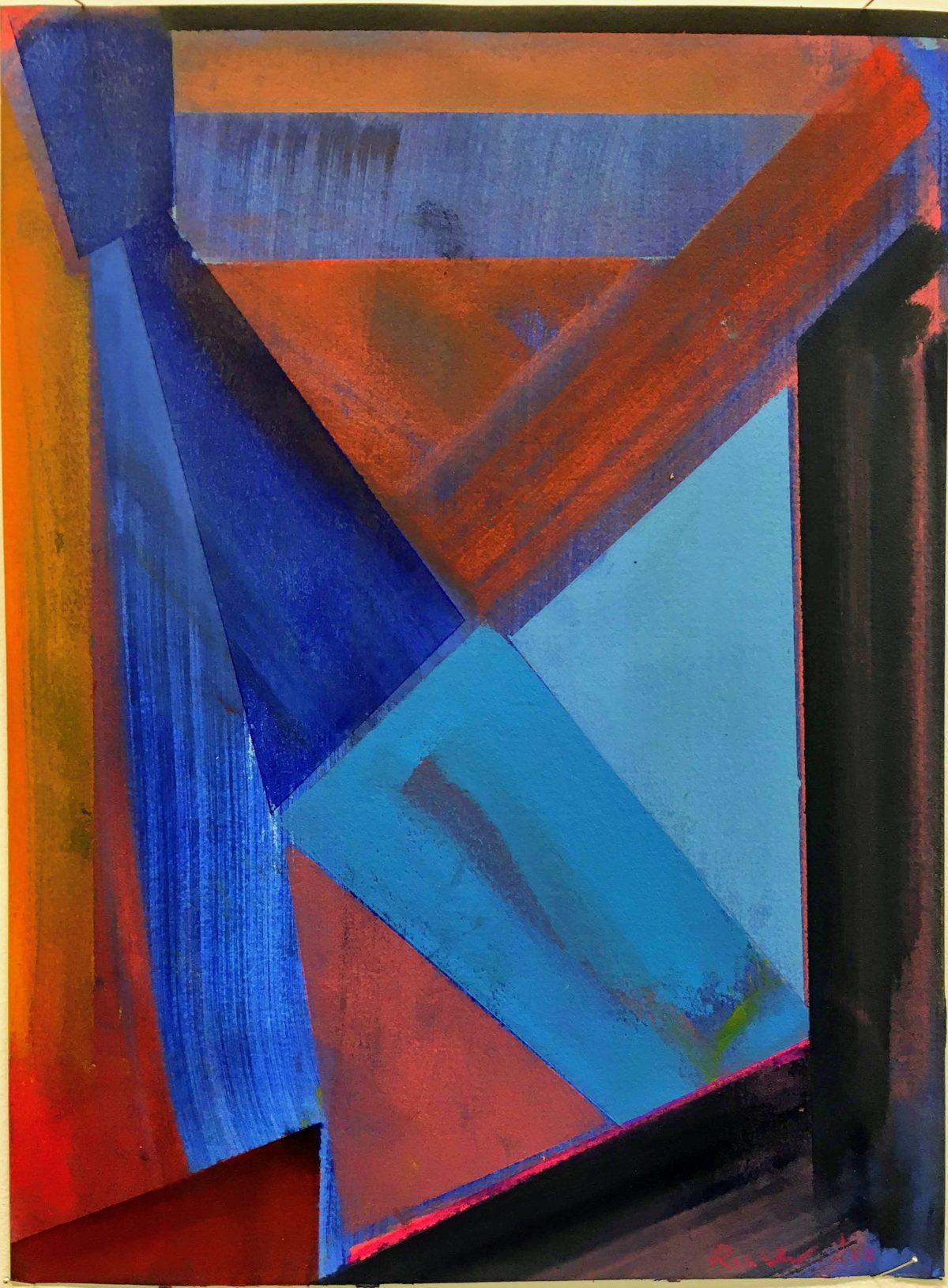 Abstract composition featuring overlapping geometric shapes in vivid blues, reds, oranges, and cyans arranged in a dynamic angular composition. Brushwork varies from smooth color fields to visible directional strokes, creating depth and movement across the canvas.