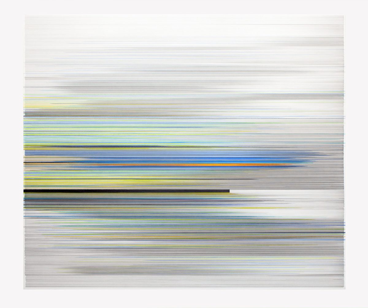 Horizontal bands of graphite and colored pencil in blues, yellows, greens, and grays layer across mat board, creating an abstract composition that suggests atmospheric stratification or geological strata. A prominent dark band interrupts the center, while the overall effect evokes both landscape and data visualization through precise linear mark-making.