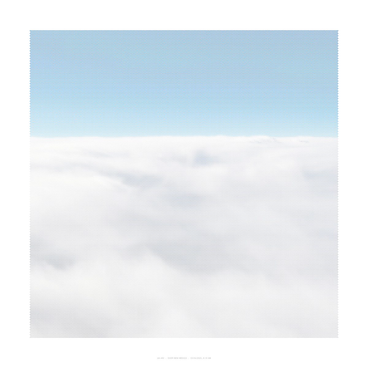 A minimalist composition divided horizontally into two sections: a densely dotted blue upper half gradually transitioning to a lighter, nearly white lower half. The dotted texture creates a subtle gradient effect across the entire surface, suggesting atmospheric or aerial perspective.