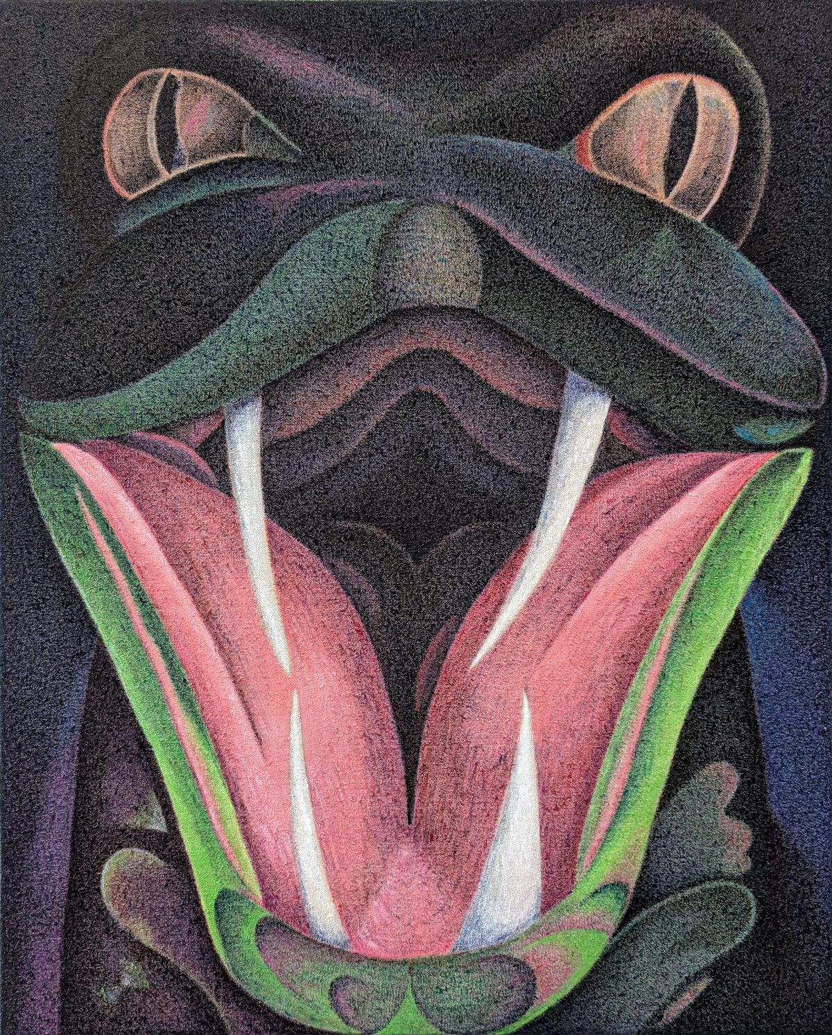 A stylized frog rendered in vibrant acrylic with an open mouth displaying pink and red interior tones, framed by green limbs. The composition features coral and pink ear-like protrusions at the top, set against a dark, textured background with subtle purple and blue tonal shifts.