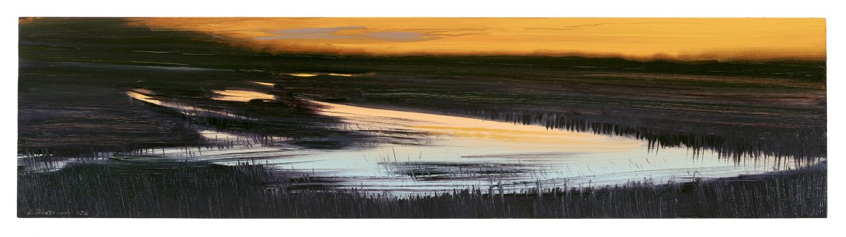 Horizontal landscape painting depicting a wetland at dusk with golden sky reflecting across still water. Dark silhouettes of marsh grasses and reeds frame the composition in the foreground and along the banks, while painterly brushstrokes create an atmospheric, impressionistic quality across the luminous water's surface.