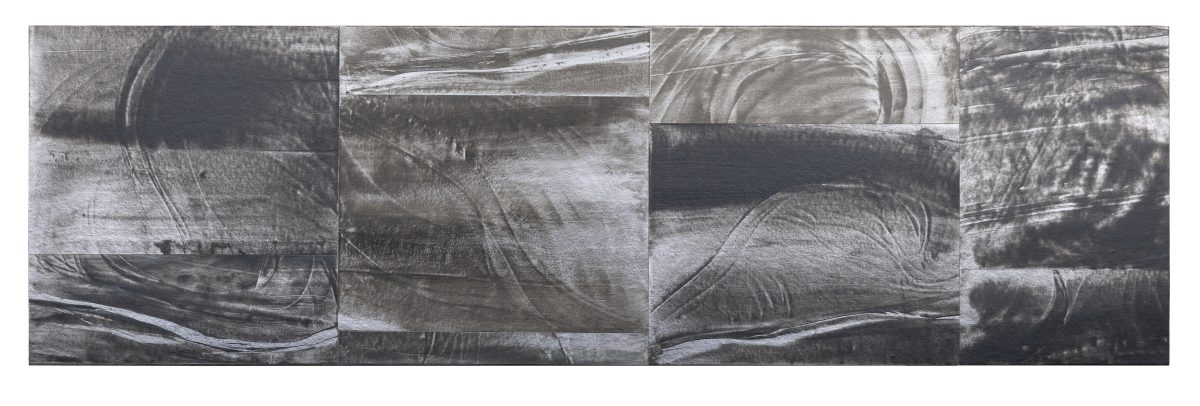 Horizontal panel of grayscale abstracted landscape imagery with sweeping curved lines and layered forms suggesting water or geological formations, composed of nine rectangular sections arranged in a grid creating a fragmented, panoramic effect.