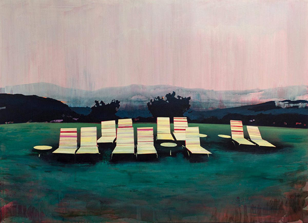 A landscape painting depicting a row of striped lounge chairs arranged in a shallow turquoise water, with dark silhouetted hills and trees under a soft pink and gray sky. The composition uses muted, atmospheric colors with loose brushwork to create a contemplative scene blending leisure and natural scenery.