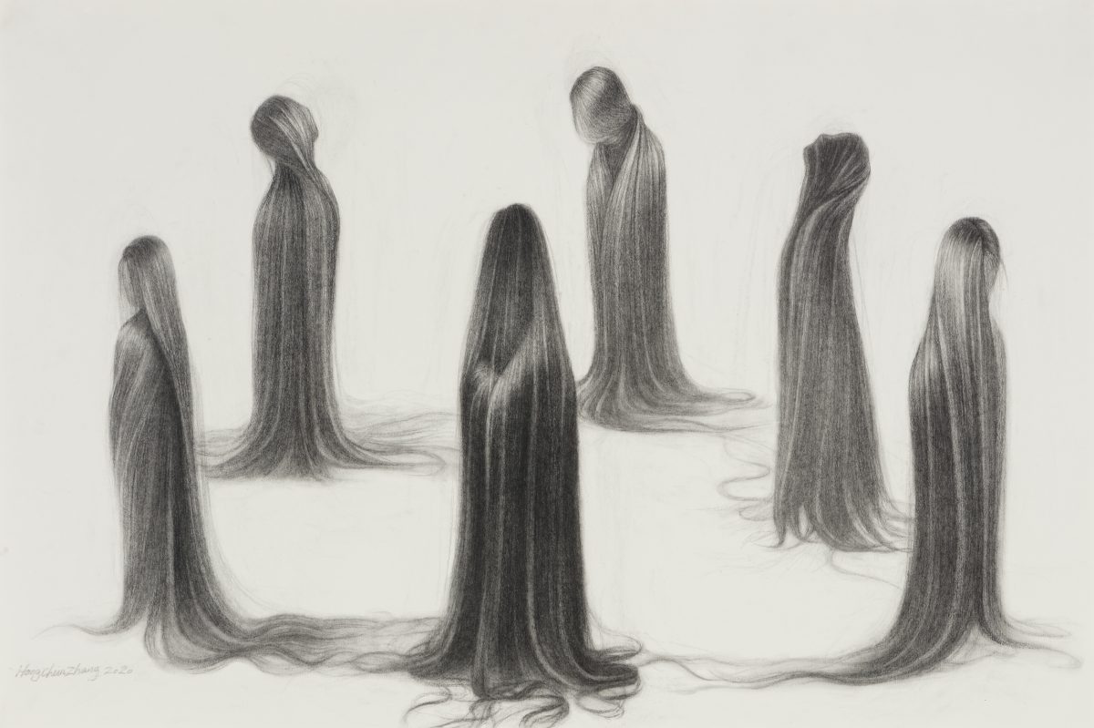 Six faceless figures with extremely long, flowing dark hair stand in a circle on a neutral ground. Rendered in charcoal with meticulous detail, their hair cascades to the floor and intertwines, creating an intricate web of connection between the figures despite their lack of visible identities.
