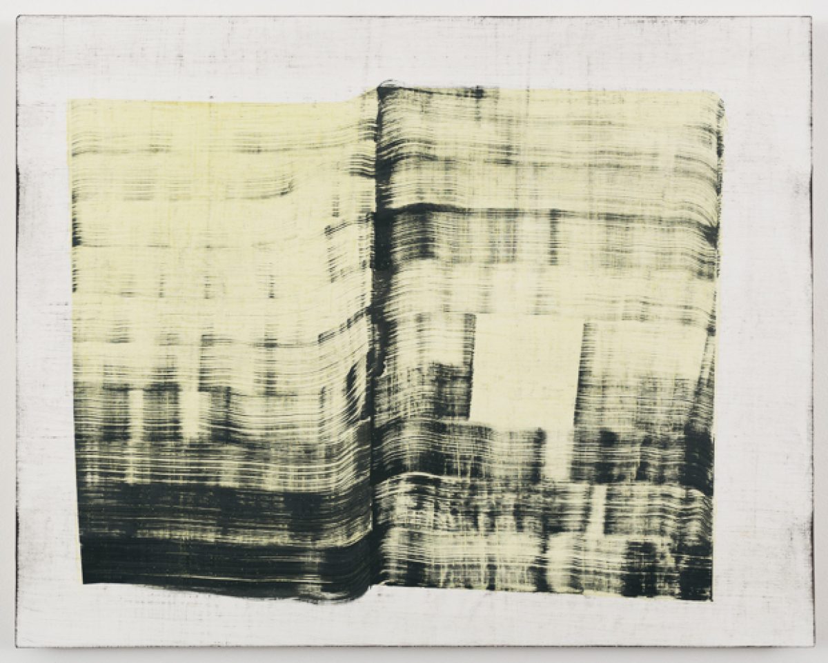 An abstract composition featuring horizontal striations and gestural marks in black ink or paint on a cream-colored ground, creating a sense of movement and layered depth across the rectangular surface.