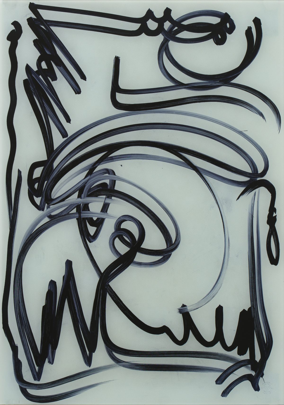 Abstract composition in black and blue ink on white paper, featuring bold, flowing curved lines and gestural marks that interweave across the surface. The dynamic strokes create a sense of movement and energy, with layered overlapping forms and organic, unpredictable linework throughout.