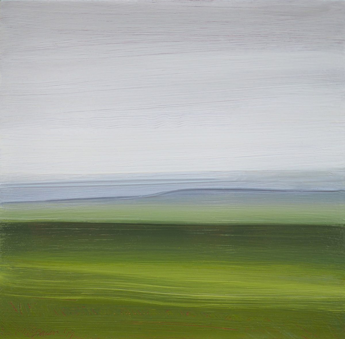 Horizontal abstract landscape with soft, horizontally-streaked brushwork. The composition is divided into distinct bands of color: pale gray-white sky at top, steel blue water in the middle, and vibrant lime and moss green fields at bottom, creating a minimalist representation of a coastal or lakeside vista.