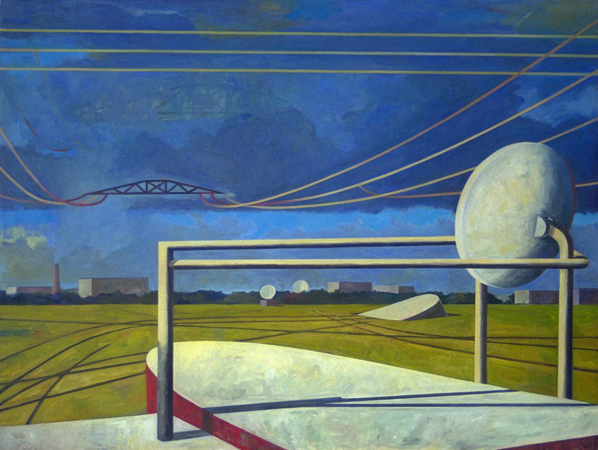 A modernist painting depicting an industrial landscape with geometric forms in the foreground—including a white satellite dish and rectangular structures in shades of cream and red—overlooking vast green fields under a deep blue sky traversed by yellow power lines and a bridge silhouette.